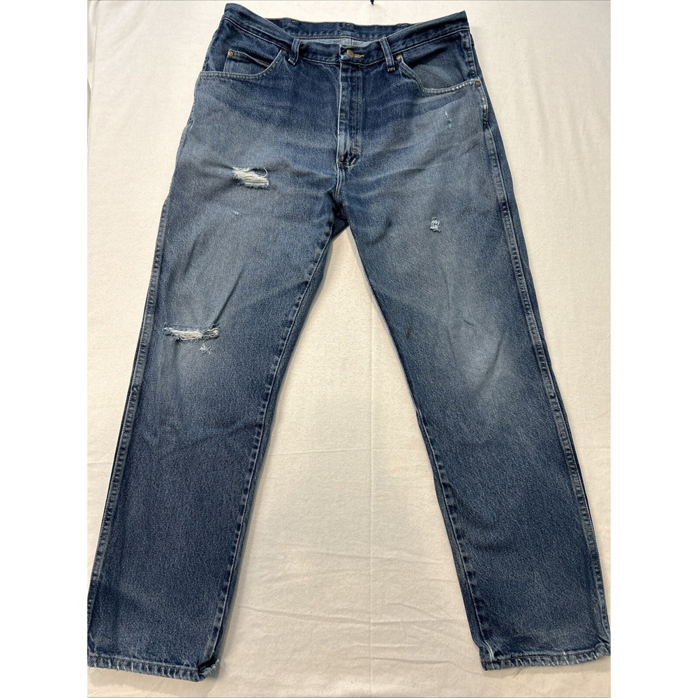 Wrangler Mens Jeans 36x32 Regular Fit Distressed Medium Wash Blue Denim Straight